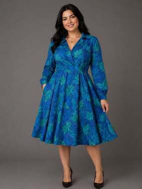 Vintage Schrader Blue Leaf Print Long Sleeve Midi Dress Size 14
Z25JC